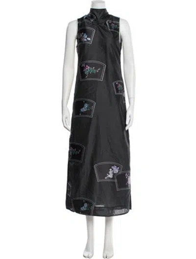 Pre-owned Ganni Floral Print Long Dress In Gray