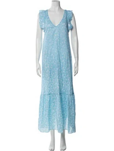 Pre-owned Ganni Floral Print Long Dress W/ Tags In Blue