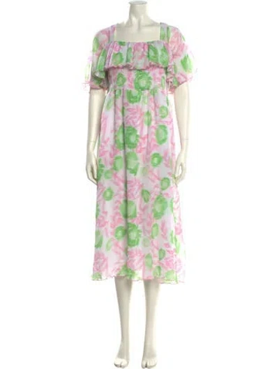 Pre-owned Ganni Floral Print Long Dress In White