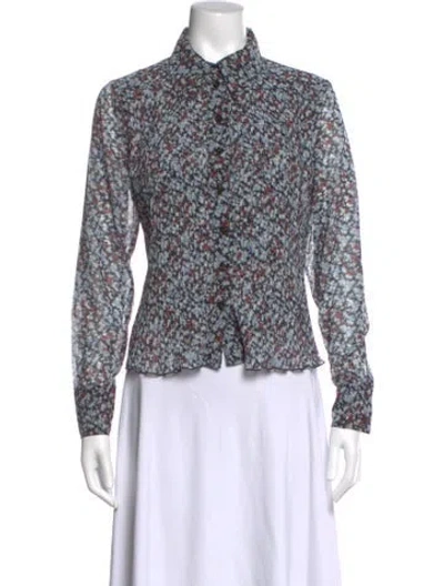 Pre-owned Ganni Floral Print Long Sleeve Blouse In Black/blue/green