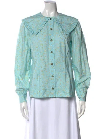 Pre-owned Ganni Floral Print Long Sleeve Blouse In Blue