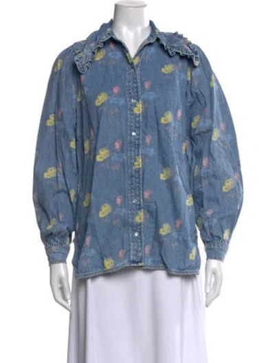 Pre-owned Ganni Floral Print Long Sleeve Blouse In Blue