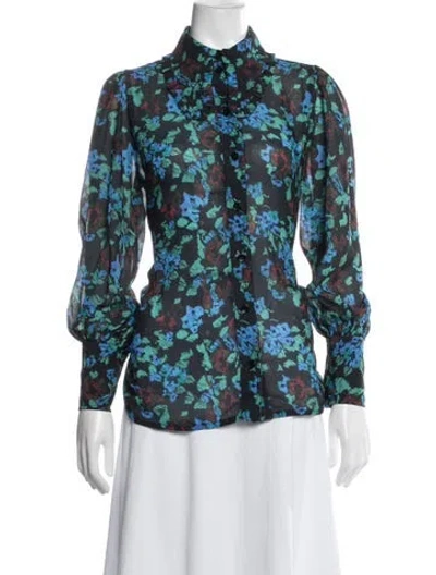 Pre-owned Ganni Floral Print Long Sleeve Blouse In Blue