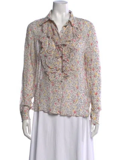 Pre-owned Ganni Floral Print Long Sleeve Blouse W/ Tags In Neutral