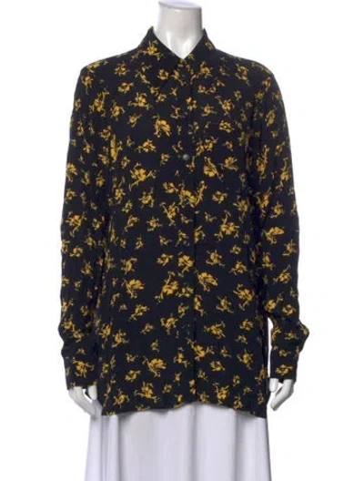 Pre-owned Ganni Floral Print Long Sleeve Button-up Top In Black