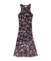 Ganni Ruched Floral-print Stretch-mesh Midi Dress In Black