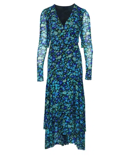 Ganni Floral Print Mesh Wrap Dress In Blue Polyamide