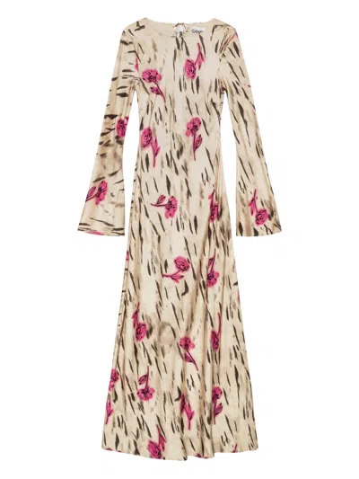 Ganni Ivory Long Satin Dress In Multi