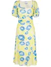 Ganni Ruched Printed Stretch-mesh Midi Dress In Blue