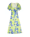 Ganni Ruched Printed Stretch-mesh Midi Dress In Blue