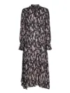 Ganni Black Floral Printed Pleated Midi Dress In Grey