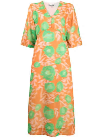 Ganni Floral-print Midi Dress In Pink