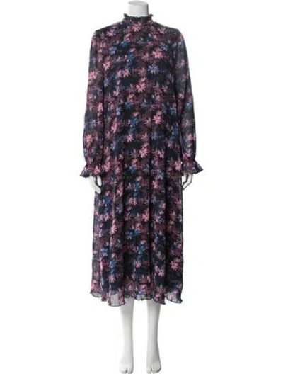 Pre-owned Ganni Floral Print Midi Length Dress In Black
