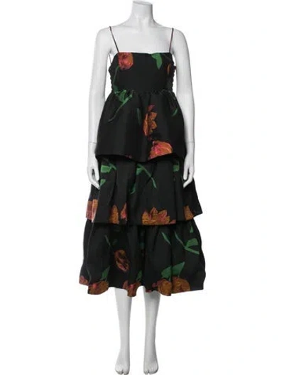 Pre-owned Ganni Floral Print Midi Length Dress In Black