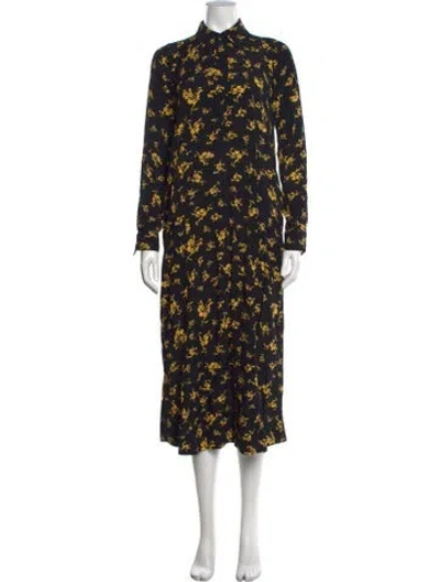 Pre-owned Ganni Floral Print Midi Length Dress In Black/yellow