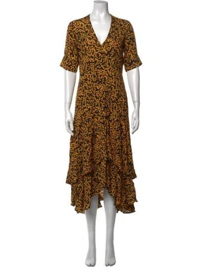Pre-owned Ganni Floral Print Midi Length Dress In Black/yellow