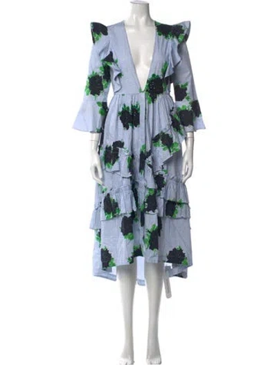 Pre-owned Ganni Floral Print Midi Length Dress In Blue