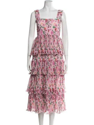 Pre-owned Ganni Floral Print Midi Length Dress In Green/orange/pink