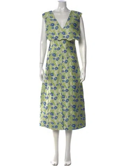 Pre-owned Ganni Floral Print Midi Length Dress W/ Tags In Green