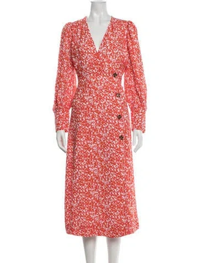 Pre-owned Ganni Floral Print Midi Length Dress W/ Tags In Red