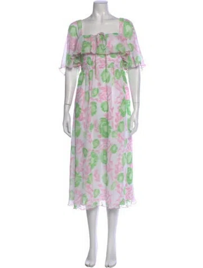 Pre-owned Ganni Floral Print Midi Length Dress In White