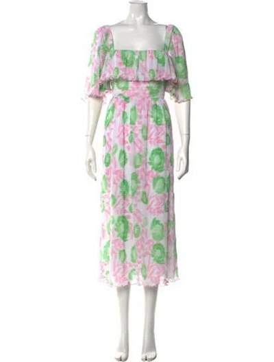 Pre-owned Ganni Floral Print Midi Length Dress In White