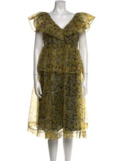Pre-owned Ganni Floral Print Midi Length Dress In Yellow