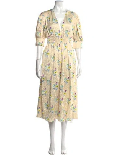 Pre-owned Ganni Floral Print Midi Length Dress In Yellow