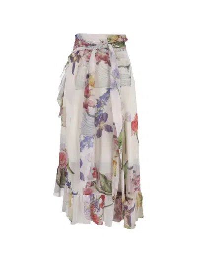 Pre-owned Ganni Floral-print Midi Skirt In White