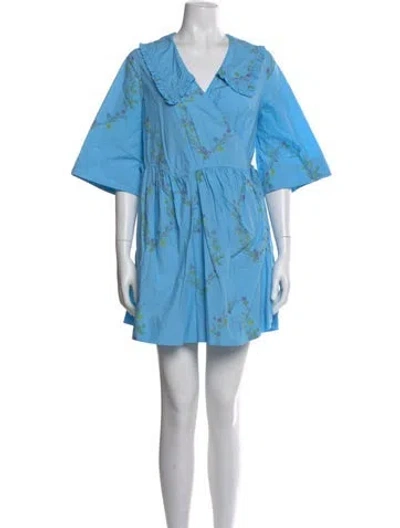 Pre-owned Ganni Floral Print Mini Dress In Blue