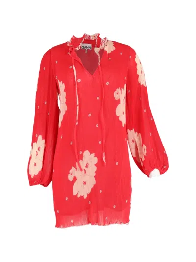 Pre-owned Ganni Floral-print Mini Dress In Red