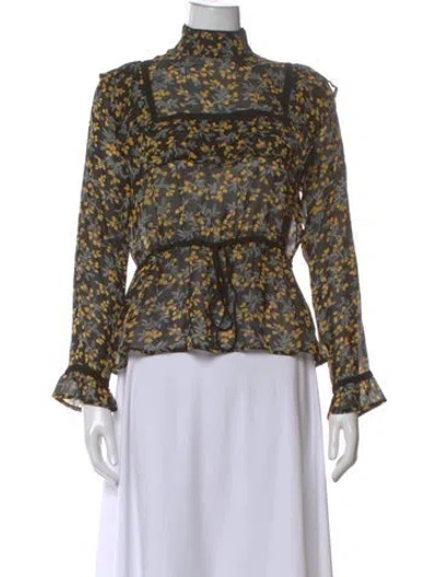 Pre-owned Ganni Floral Print Mock Neck Blouse In Black