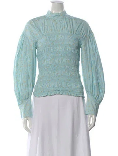Pre-owned Ganni Floral Print Mock Neck Blouse In Blue