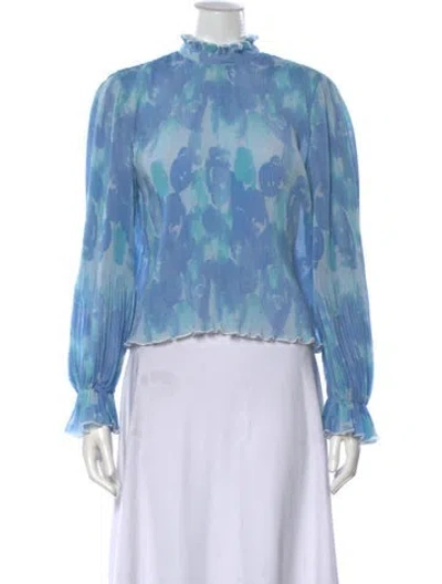 Pre-owned Ganni Floral Print Mock Neck Blouse In Blue