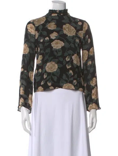 Pre-owned Ganni Floral Print Mock Neck Blouse In Green