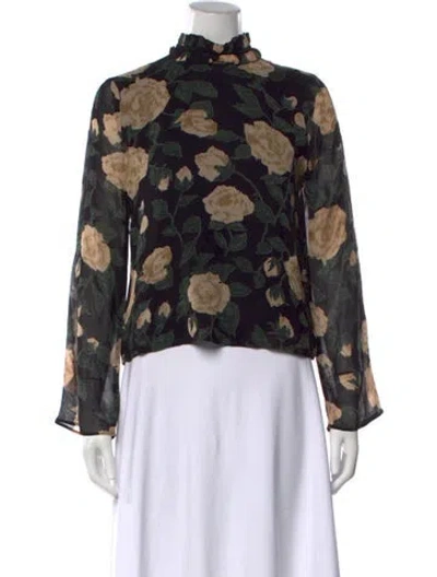 Pre-owned Ganni Floral Print Mock Neck Blouse In Green