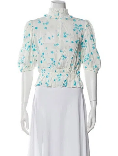 Pre-owned Ganni Floral Print Mock Neck Blouse W/ Tags In White