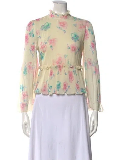 Pre-owned Ganni Floral Print Mock Neck Blouse In Yellow
