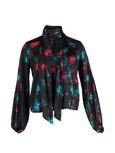Pre-owned Ganni Floral-print Neck-tie Blouse In Black