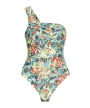 Ganni Floral-print One-shoulder Swimsuit In Multicolor