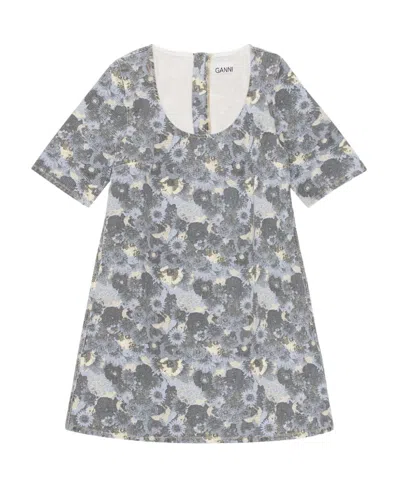 Ganni Floral-print Organic Cotton Minidress In Gray