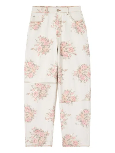 Ganni Floral-print Panelled Jeans In Neutral