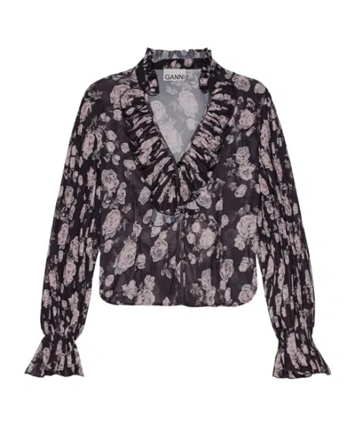 Ganni Floral Print Pleated Blouse In Black