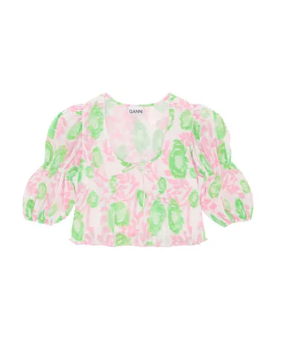 GANNI PLEATED GEORGETTE U-NECK BLOUSE