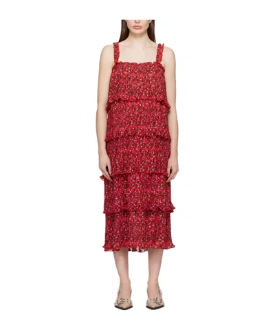 Ganni Floral-print Pleated Midi Dress In Red