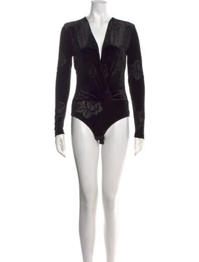 Pre-owned Ganni Floral Print Plunge Neckline Bodysuit In Black
