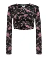 Ganni Black Floral Printed Mesh Ruched Blouse In Black