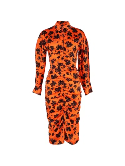 Pre-owned Ganni Floral-print Ruched Dress In Orange