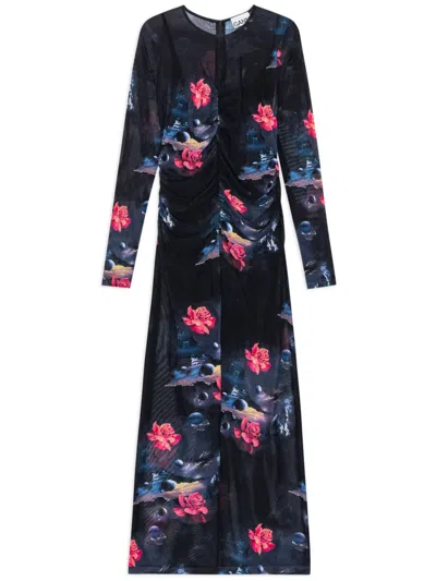 Ganni Printed Mesh O-neck Ruched Long Dress In Black