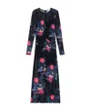 Ganni Printed Mesh O-neck Ruched Long Dress In Black